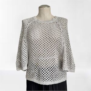 BCBGMaxAzria Kara Open Crochet Top Light Pearl Grey XS